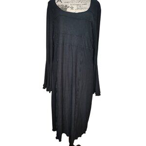 Lew Magram Large Black Long Bell Sleeve Dress Lagenlook Art to Wear, Ruffle